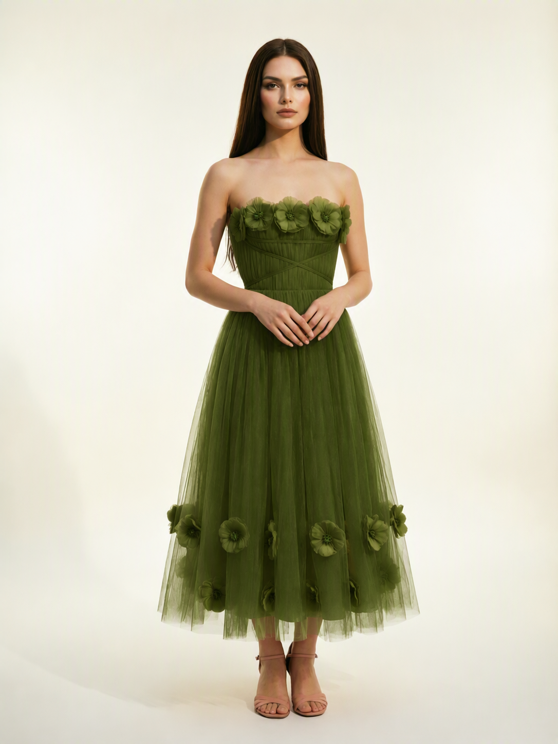 Strapless Tulle Midi Dress with 3D Floral Appliqués, Lace-Up Corset Back
