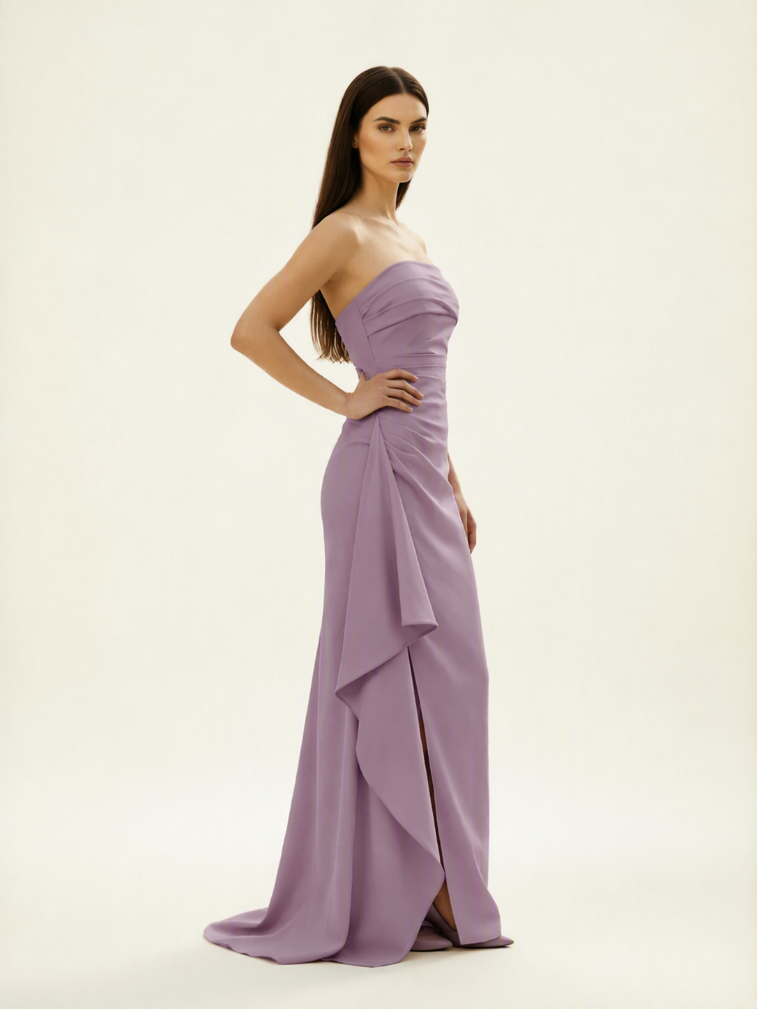 Strapless Mermaid Formal Gown with Side Slit & Draped Detail