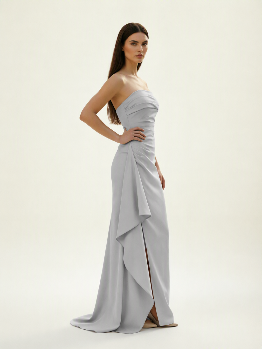 Strapless Mermaid Formal Gown with Side Slit & Draped Detail