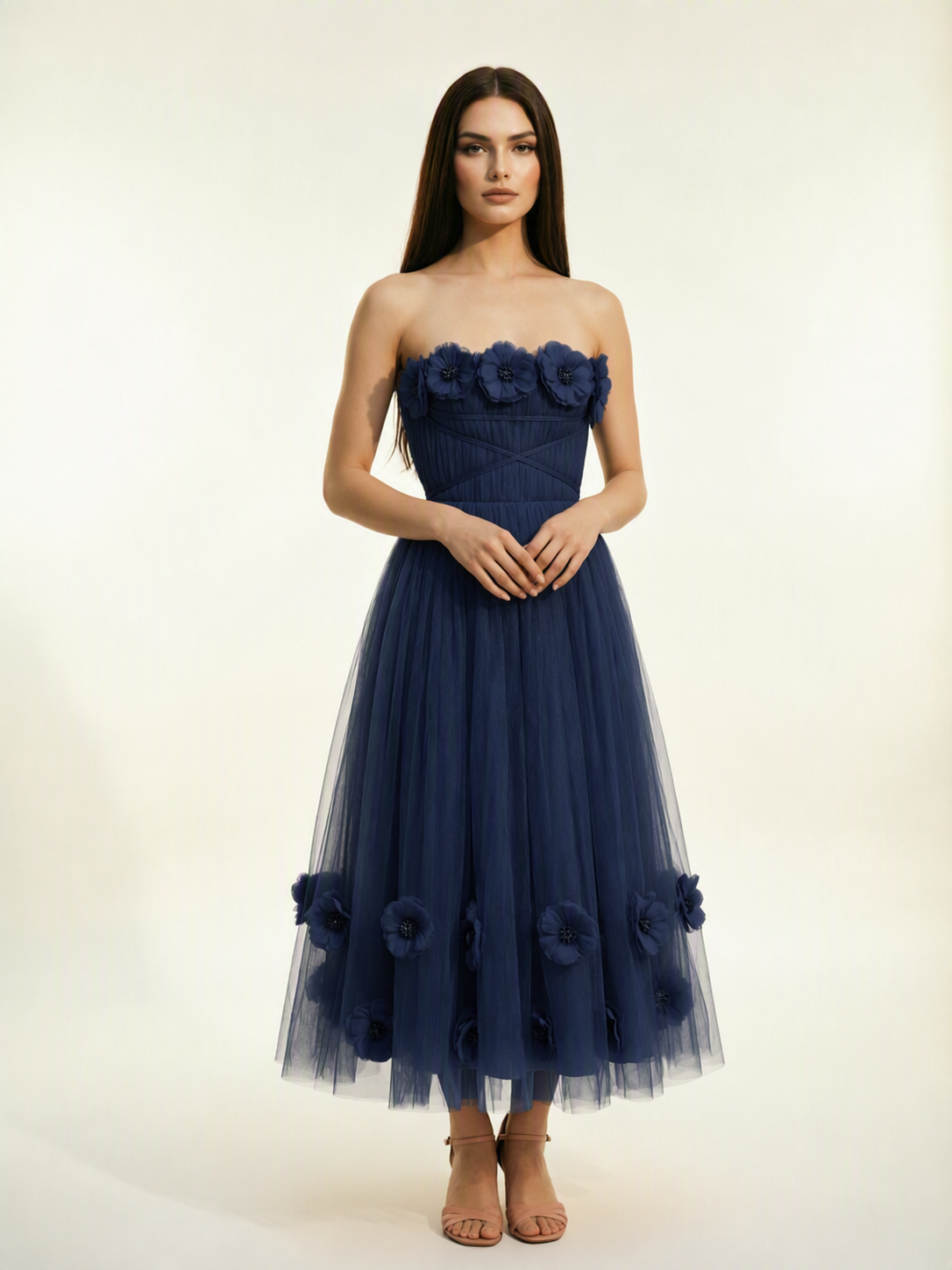 Strapless Tulle Midi Dress with 3D Floral Appliqués, Lace-Up Corset Back