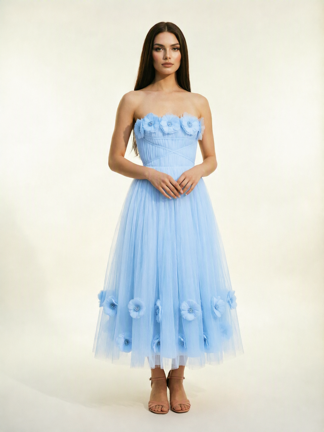 Strapless Tulle Midi Dress with 3D Floral Appliqués, Lace-Up Corset Back