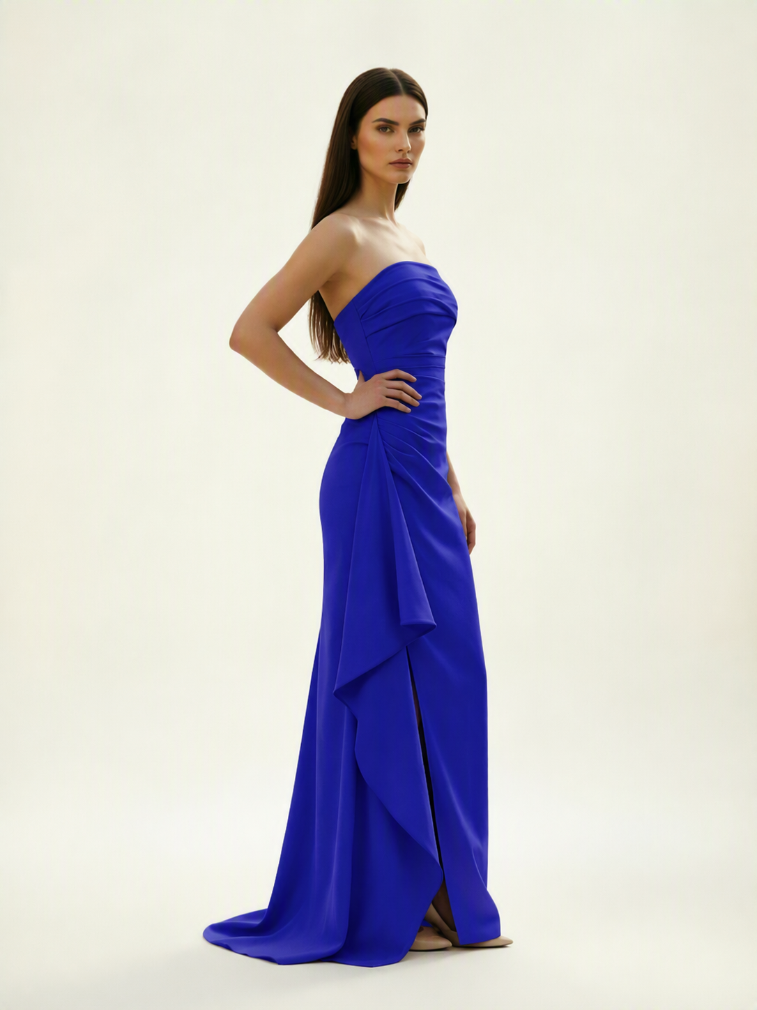 Strapless Mermaid Formal Gown with Side Slit & Draped Detail