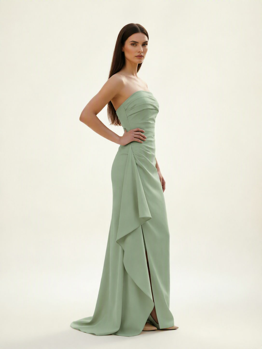 Strapless Mermaid Formal Gown with Side Slit & Draped Detail