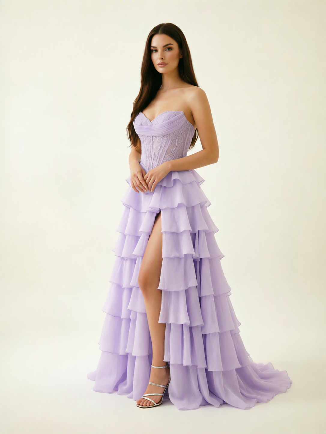 Strapless Lace Corset Tiered High Slit Prom Dress