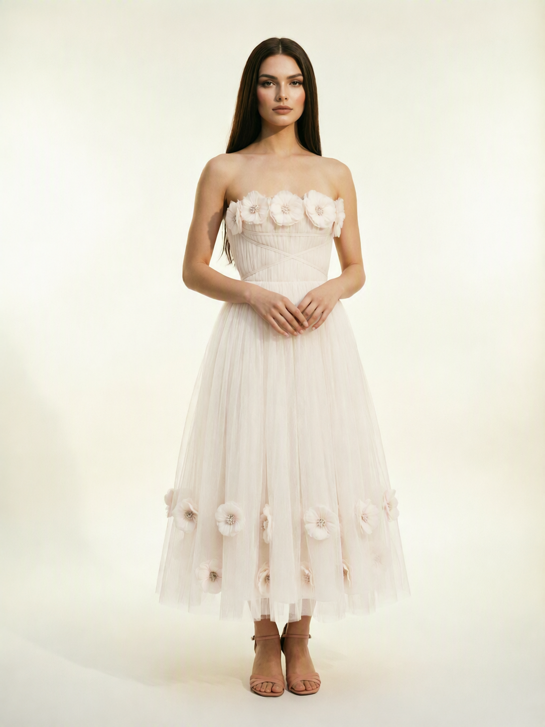 Strapless Tulle Midi Dress with 3D Floral Appliqués, Lace-Up Corset Back