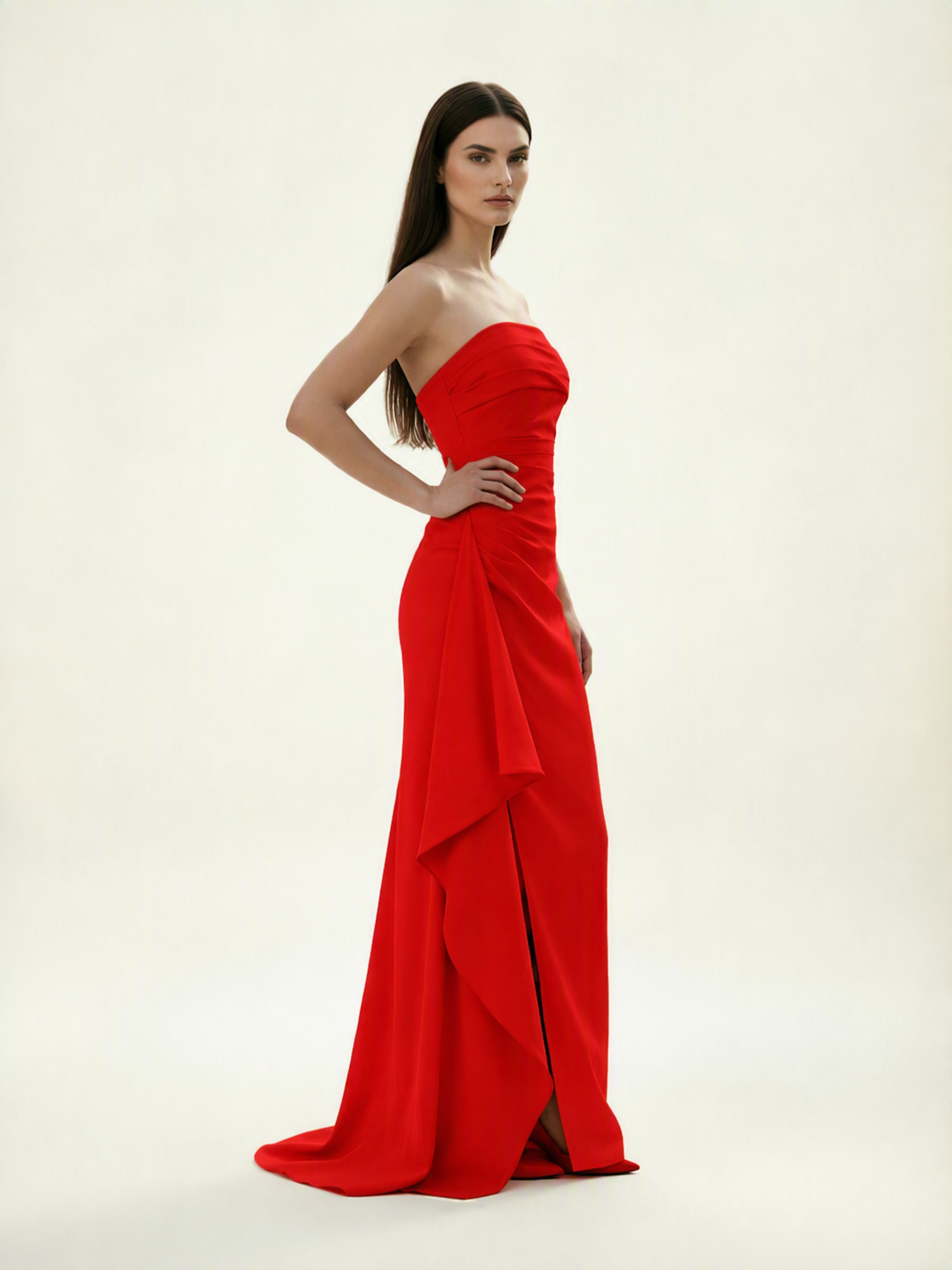 Strapless Mermaid Formal Gown with Side Slit & Draped Detail