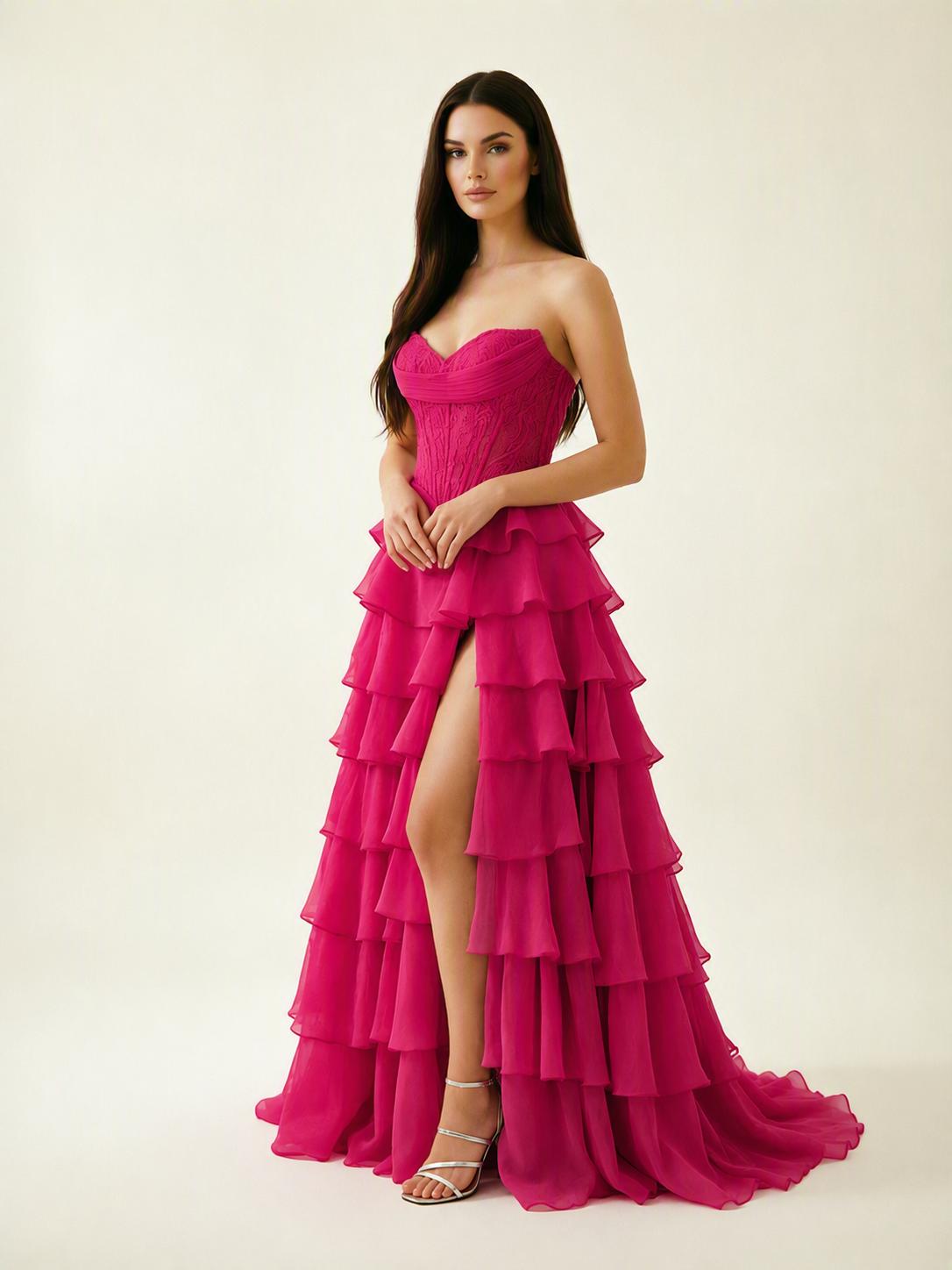 Strapless Lace Corset Tiered High Slit Prom Dress