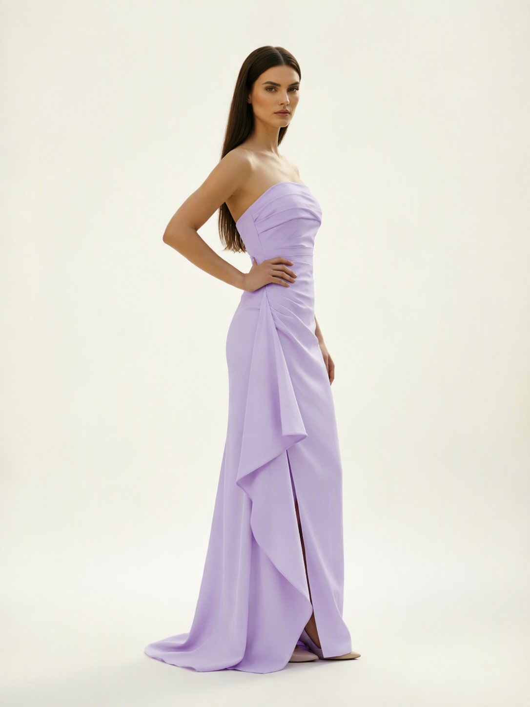 Strapless Mermaid Formal Gown with Side Slit & Draped Detail