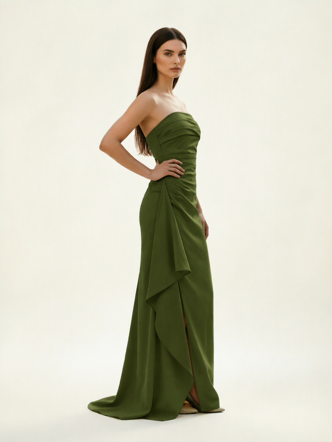 Strapless Mermaid Formal Gown with Side Slit & Draped Detail