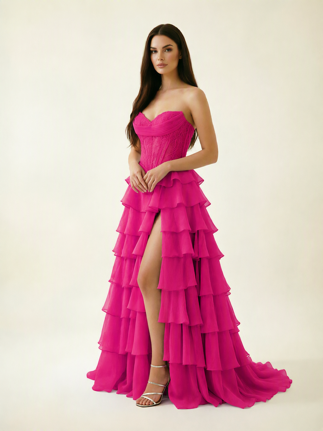 Strapless Lace Corset Tiered High Slit Prom Dress