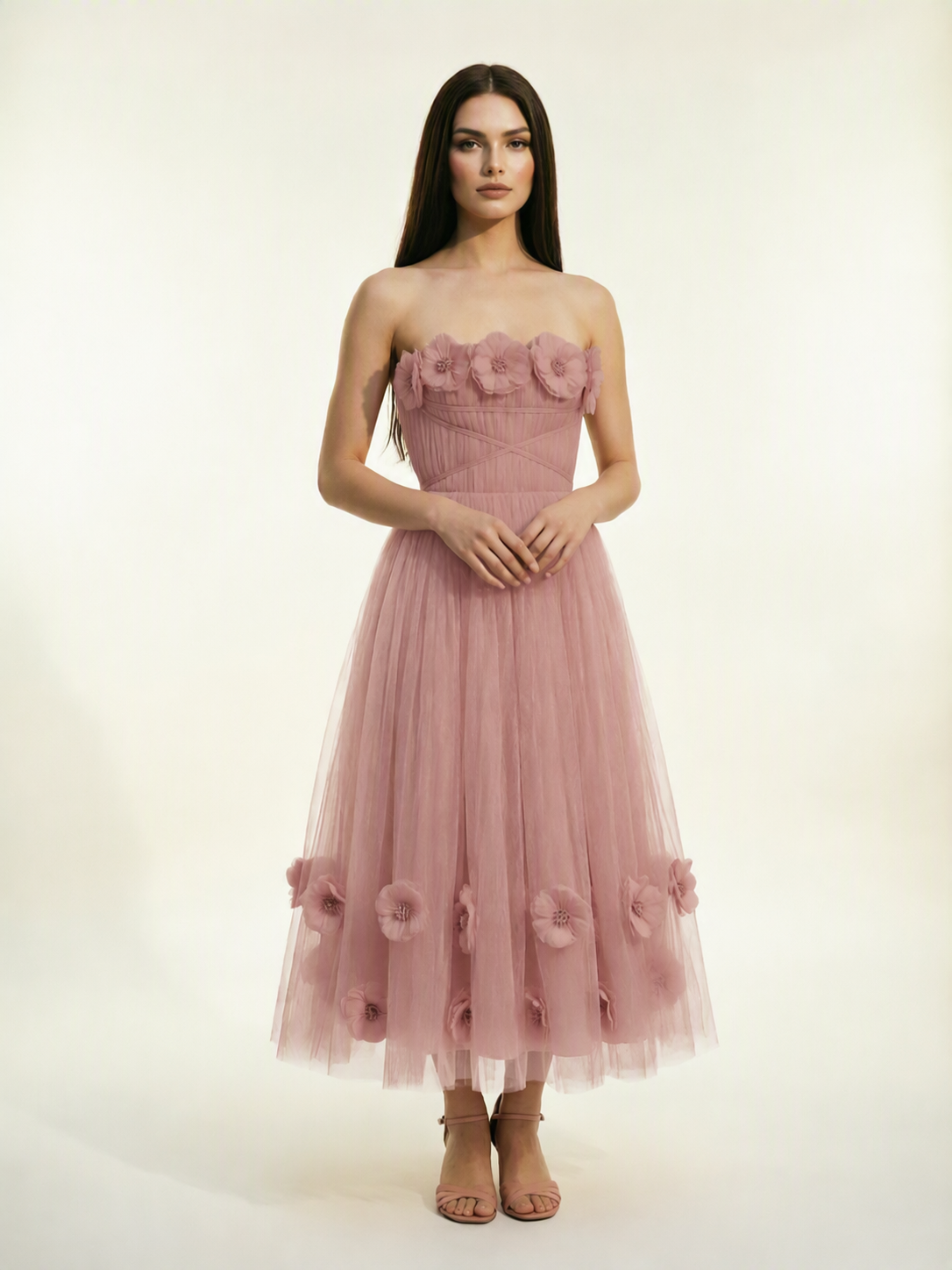 Strapless Tulle Midi Dress with 3D Floral Appliqués, Lace-Up Corset Back