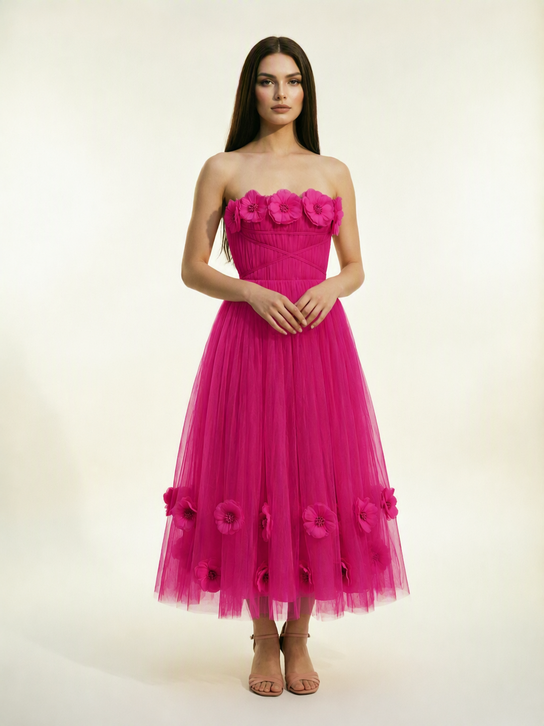 Strapless Tulle Midi Dress with 3D Floral Appliqués, Lace-Up Corset Back