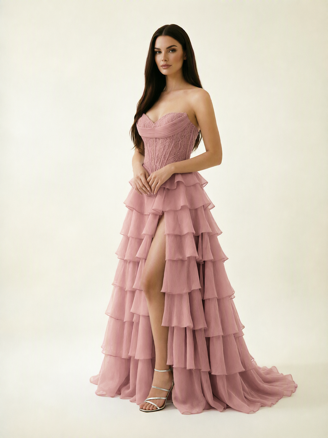 Strapless Lace Corset Tiered High Slit Prom Dress