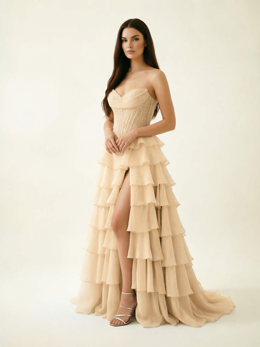Strapless Lace Corset Tiered High Slit Prom Dress