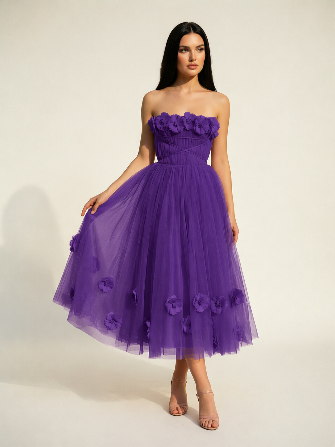 Strapless Tulle Midi Dress with 3D Floral Appliqués, Lace-Up Corset Back