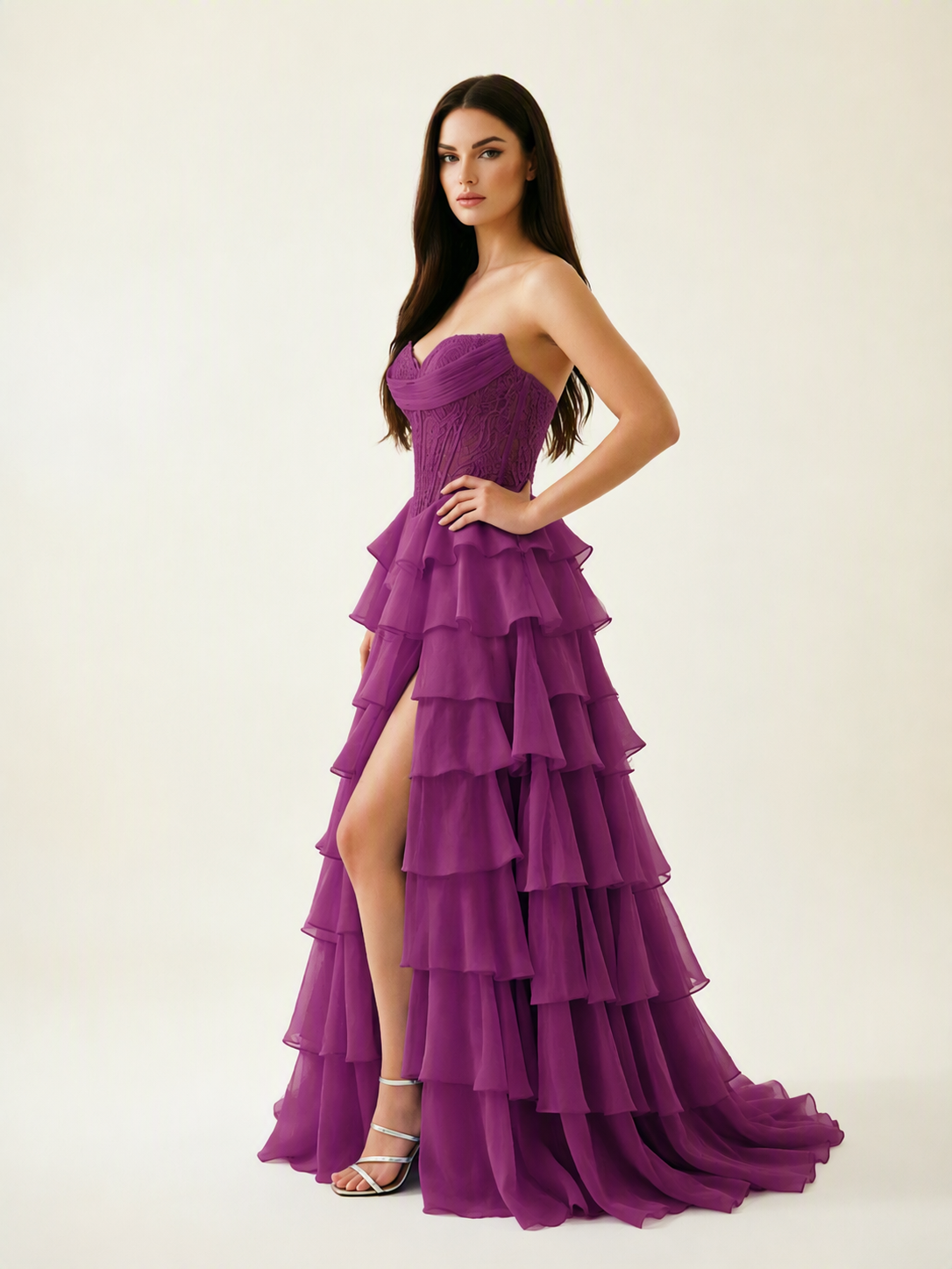 Strapless Lace Corset Tiered High Slit Prom Dress
