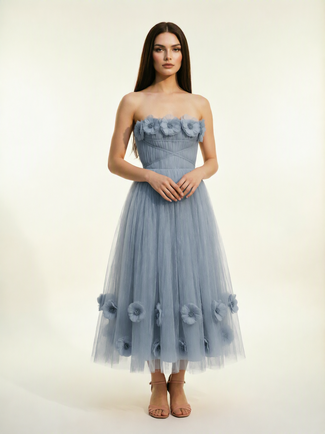 Strapless Tulle Midi Dress with 3D Floral Appliqués, Lace-Up Corset Back