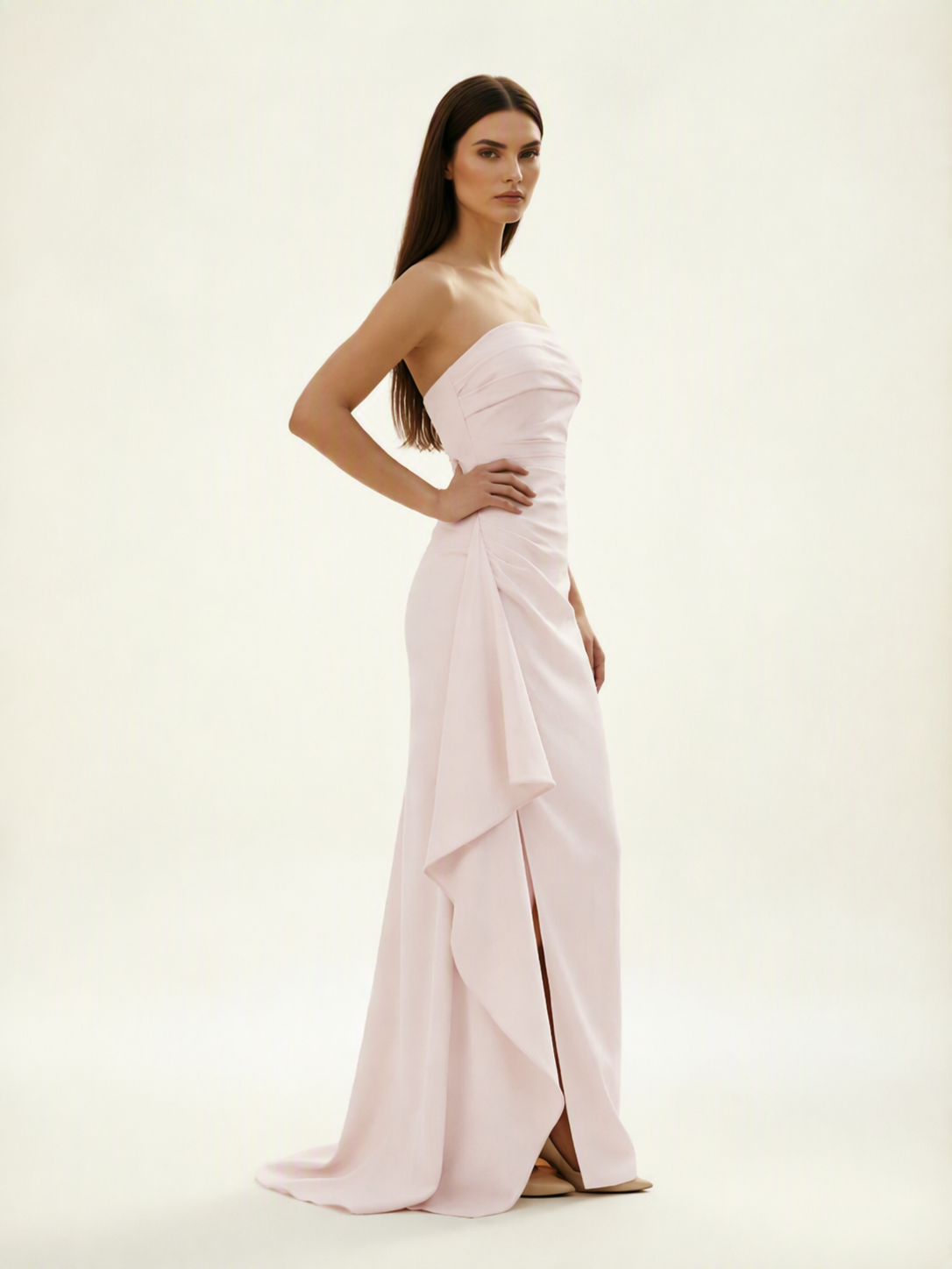 Strapless Mermaid Formal Gown with Side Slit & Draped Detail