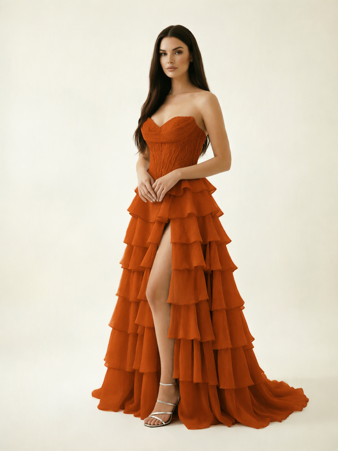Strapless Lace Corset Tiered High Slit Prom Dress