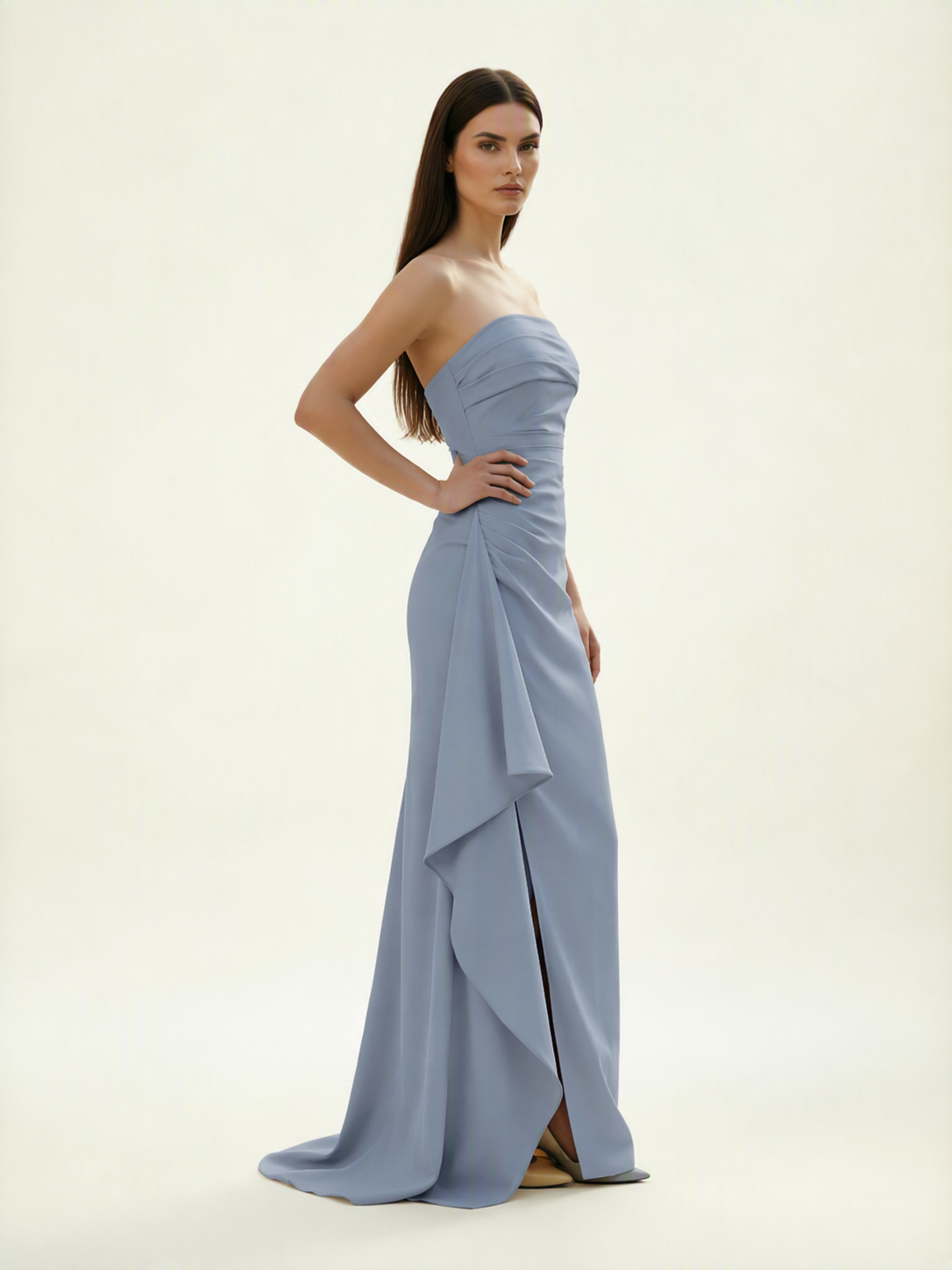 Strapless Mermaid Formal Gown with Side Slit & Draped Detail