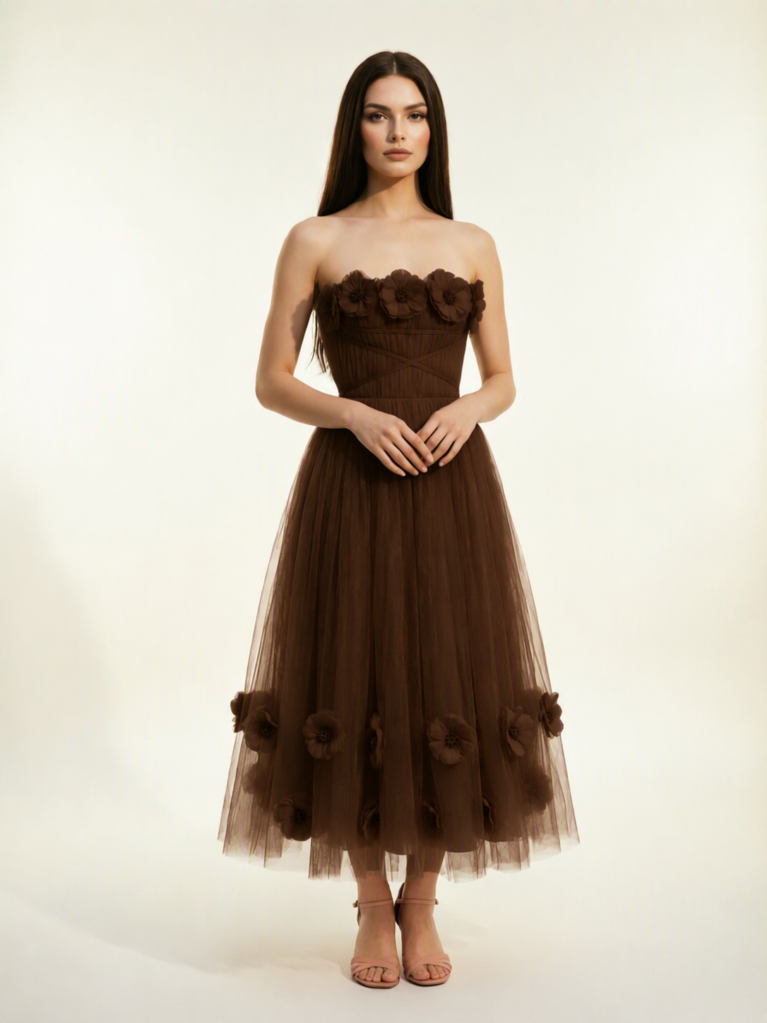 Strapless Tulle Midi Dress with 3D Floral Appliqués, Lace-Up Corset Back