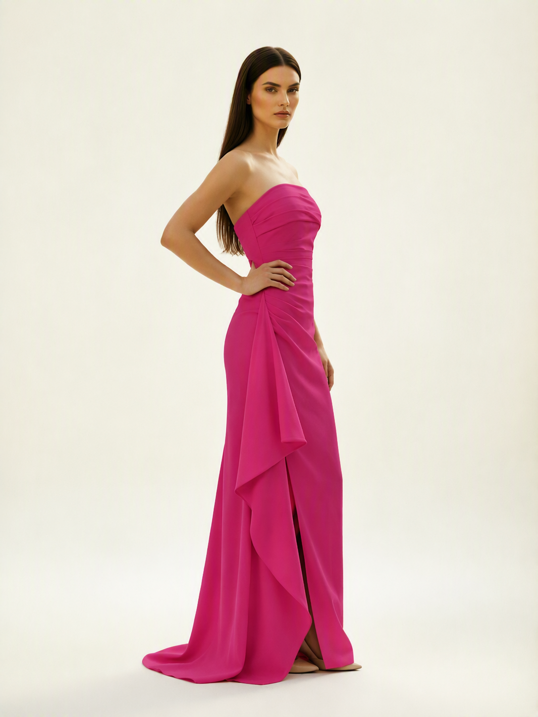 Strapless Mermaid Formal Gown with Side Slit & Draped Detail
