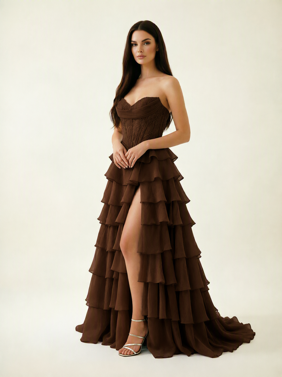 Strapless Lace Corset Tiered High Slit Prom Dress