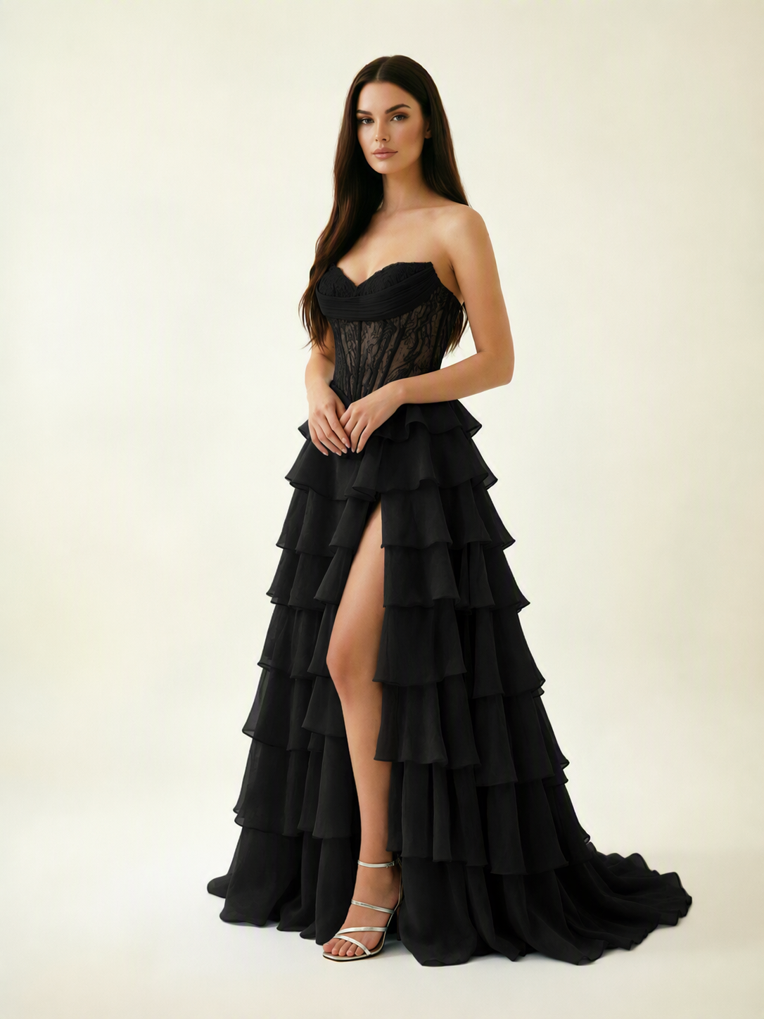 Strapless Lace Corset Tiered High Slit Prom Dress
