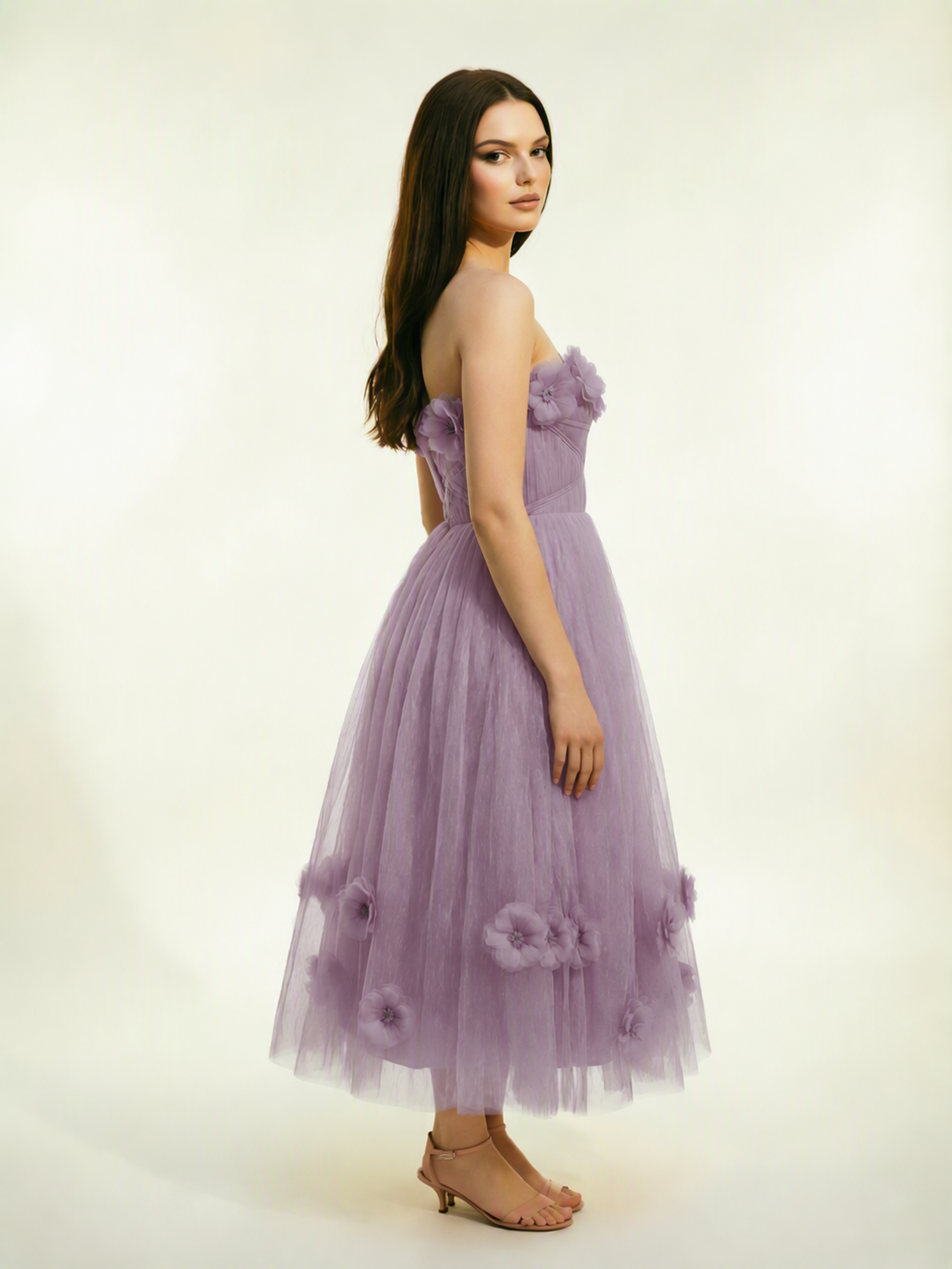 Strapless Tulle Midi Dress with 3D Floral Appliqués, Lace-Up Corset Back
