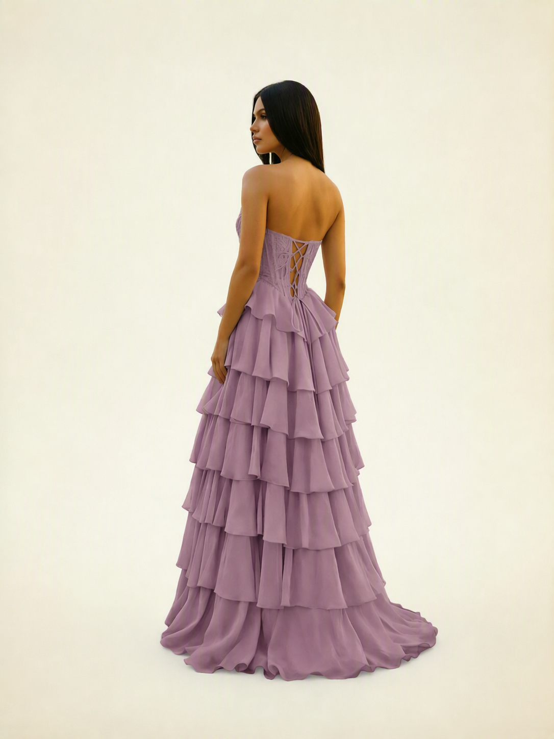 Strapless Lace Corset Tiered High Slit Prom Dress