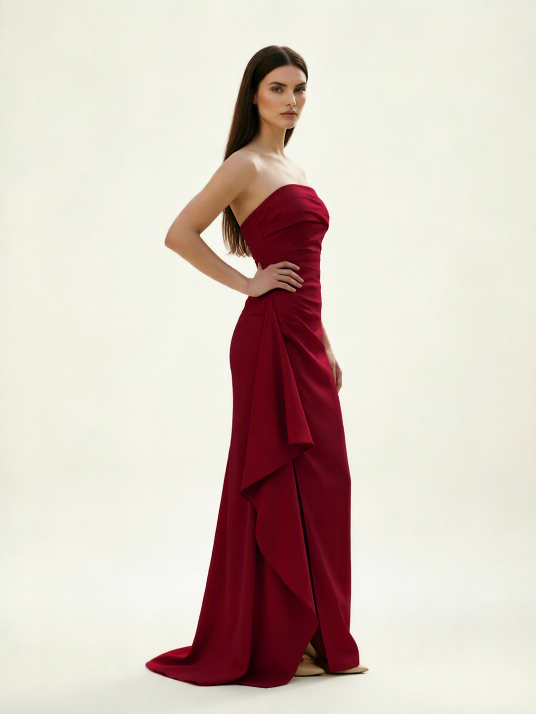 Strapless Mermaid Formal Gown with Side Slit & Draped Detail