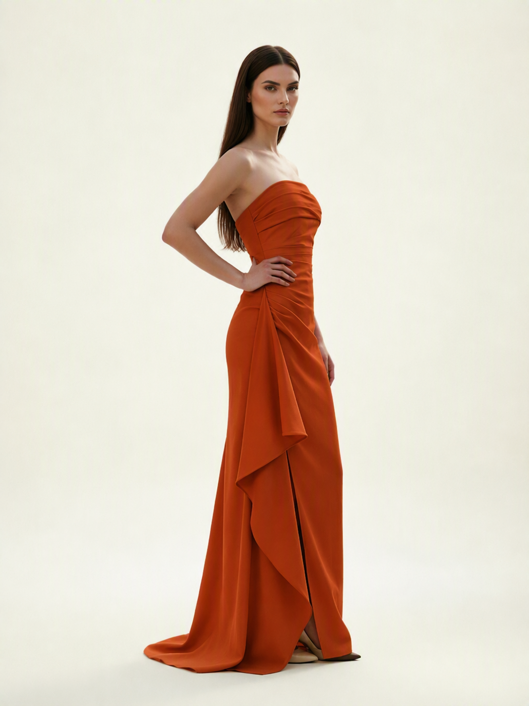 Strapless Mermaid Formal Gown with Side Slit & Draped Detail