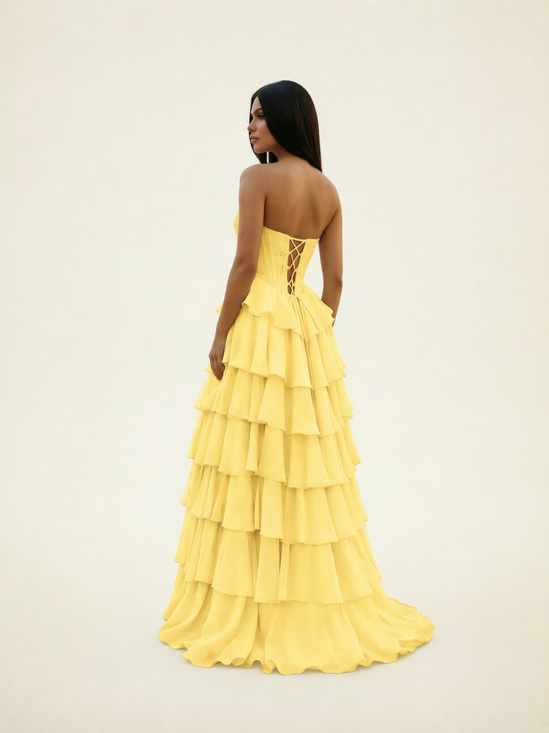 Strapless Lace Corset Tiered High Slit Prom Dress