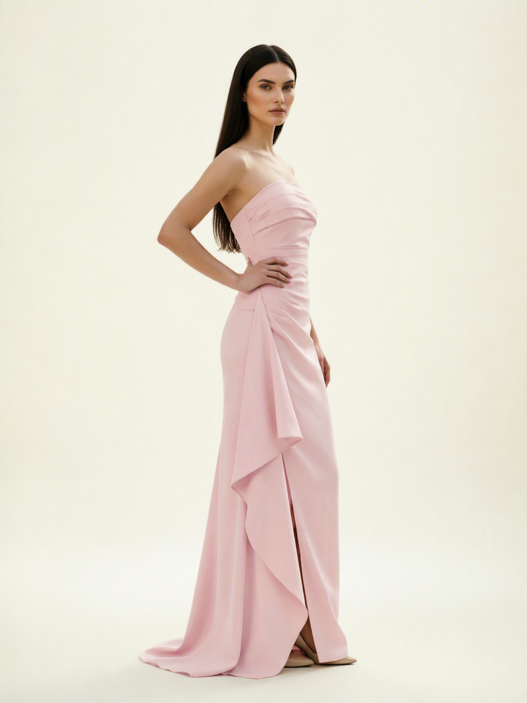 Strapless Mermaid Formal Gown with Side Slit & Draped Detail