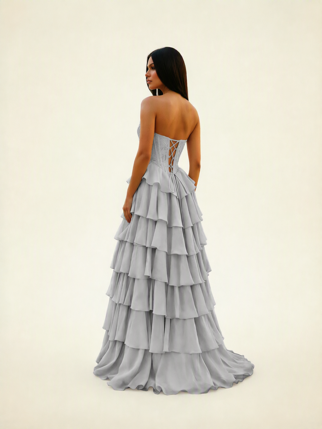 Strapless Lace Corset Tiered High Slit Prom Dress