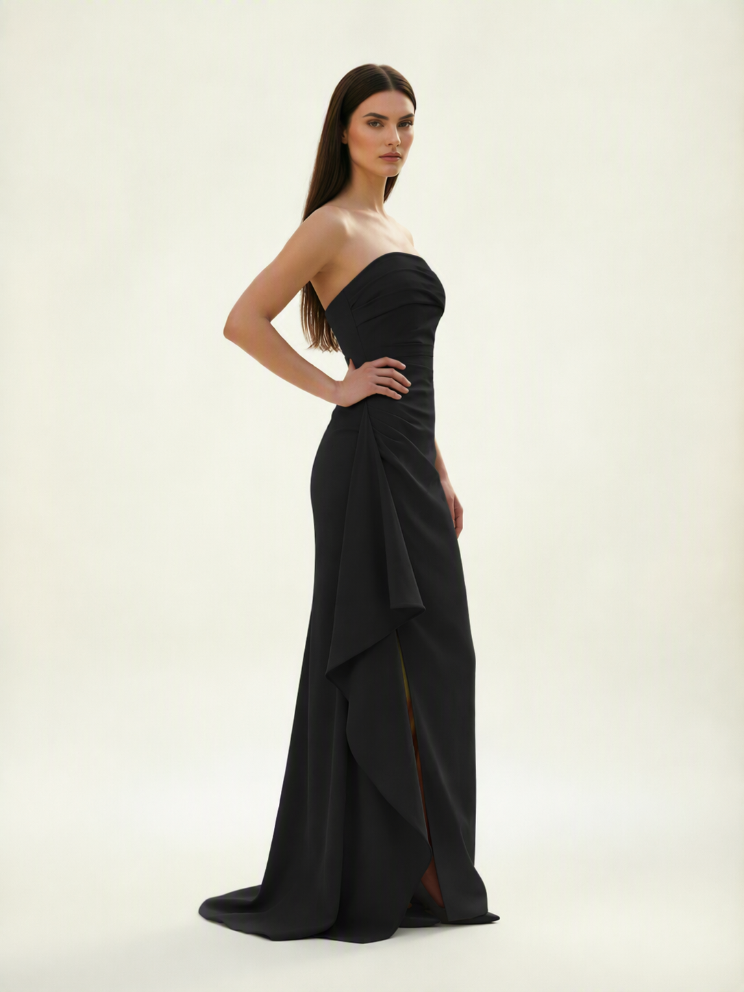 Strapless Mermaid Formal Gown with Side Slit & Draped Detail