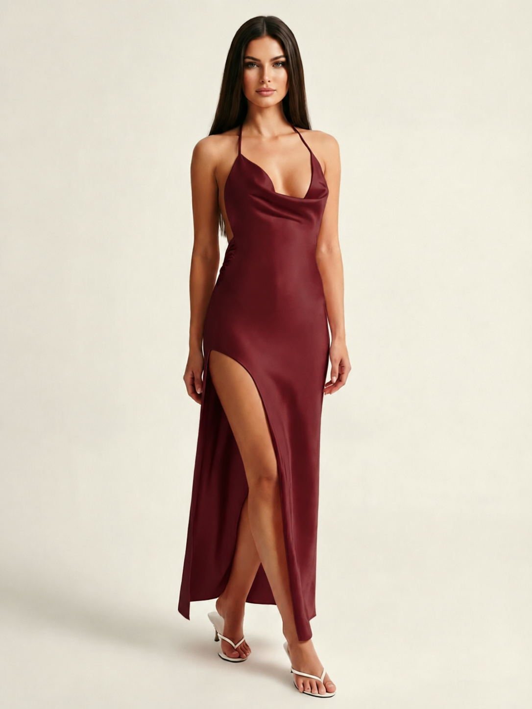 Satin Cowl Neck Halter Backless High Slit Maxi Dress