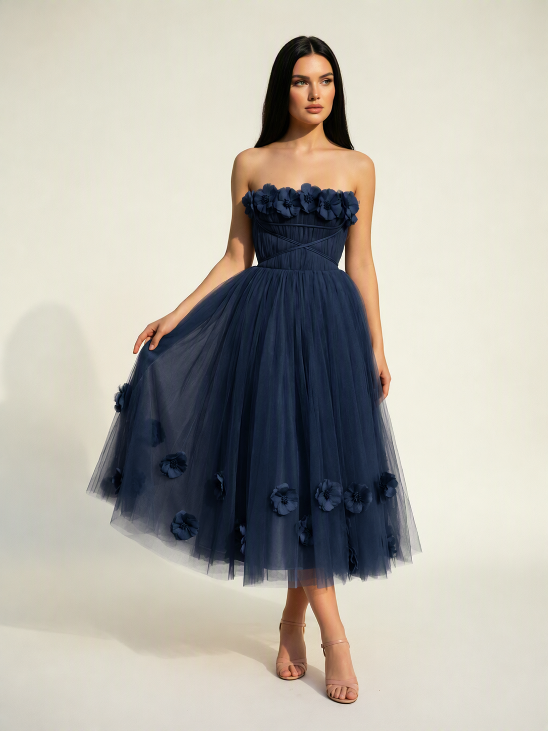 Strapless Tulle Midi Dress with 3D Floral Appliqués, Lace-Up Corset Back