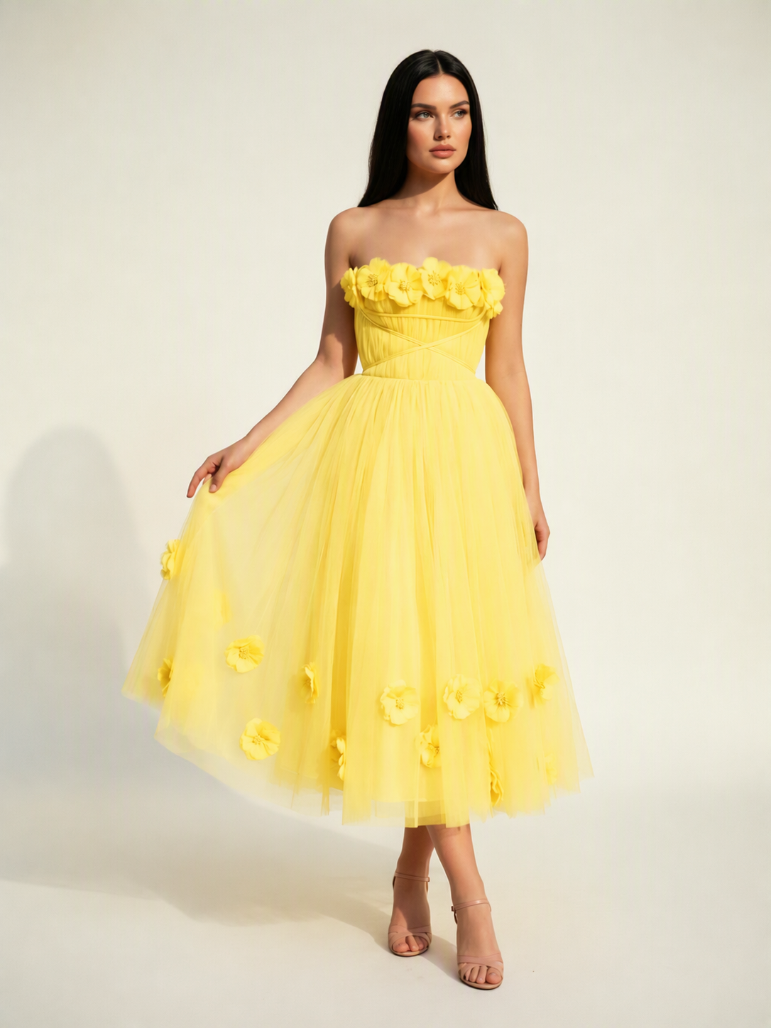 Strapless Tulle Midi Dress with 3D Floral Appliqués, Lace-Up Corset Back