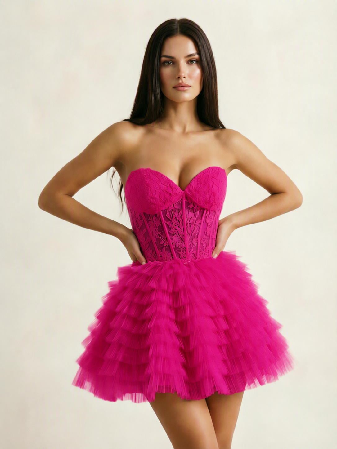 Strapless Lace Corset Tiered Tulle Mini Dress