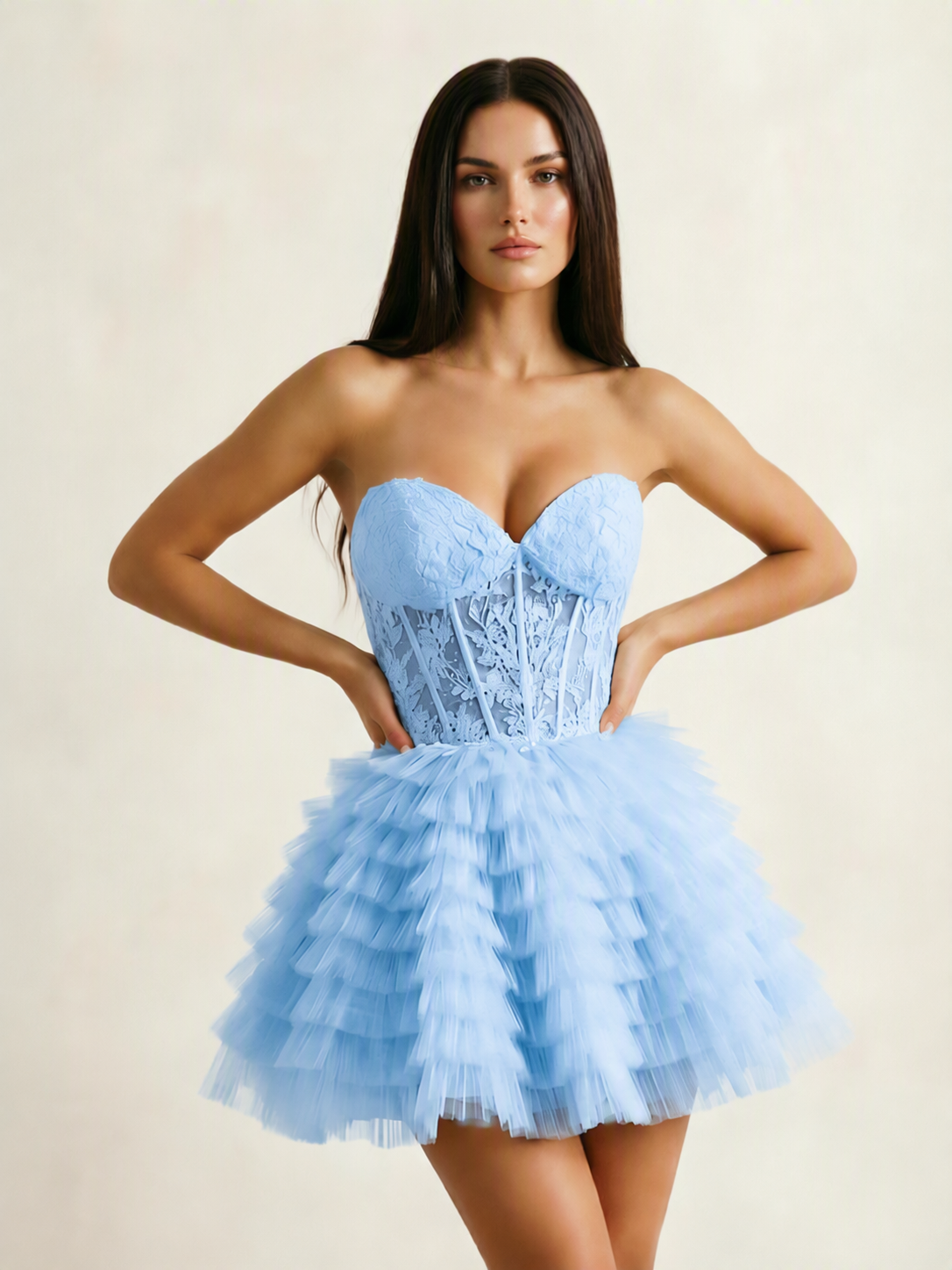 Strapless Lace Corset Tiered Tulle Mini Dress