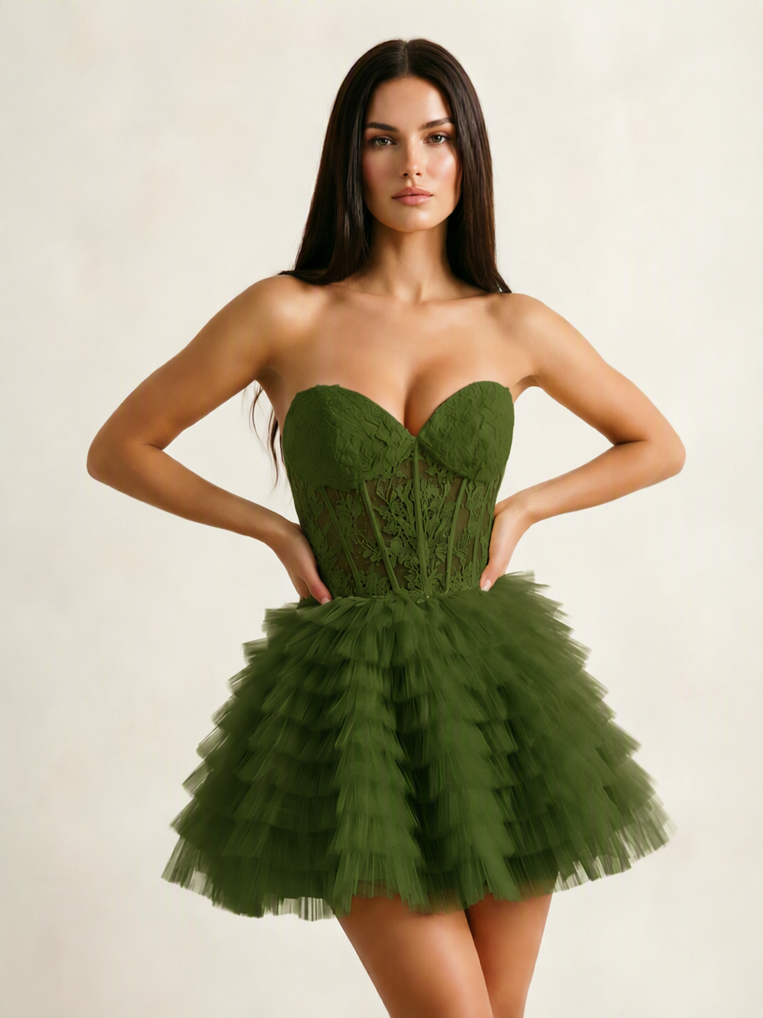 Strapless Lace Corset Tiered Tulle Mini Dress