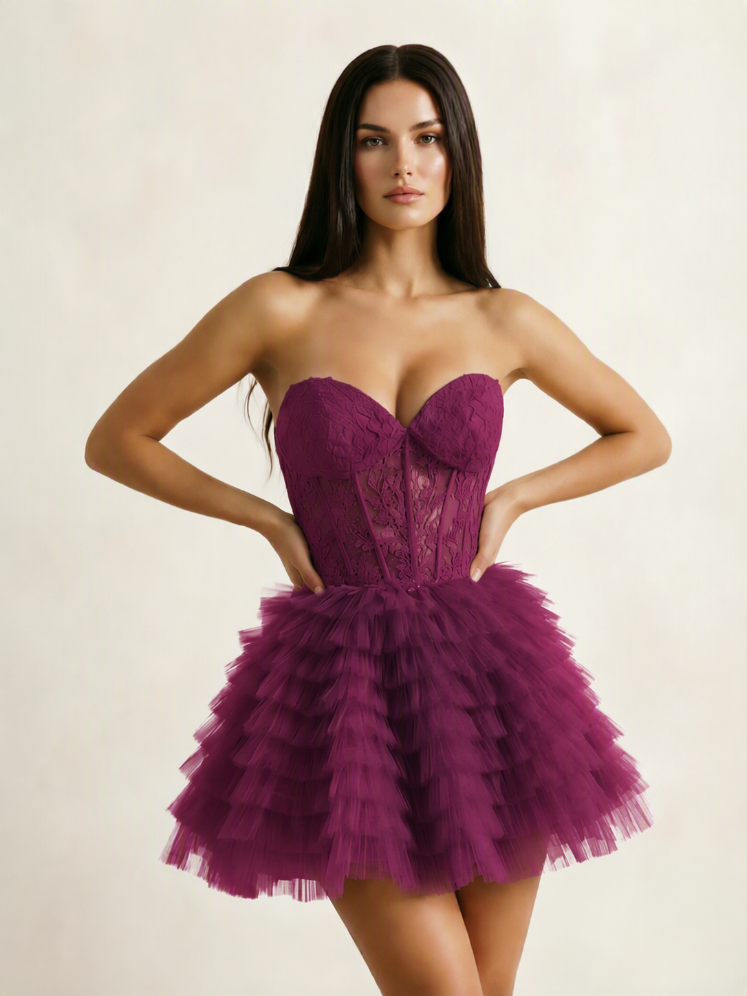 Strapless Lace Corset Tiered Tulle Mini Dress