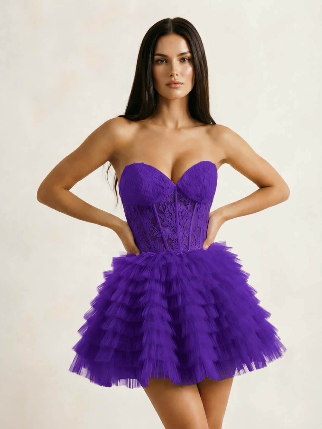Strapless Lace Corset Tiered Tulle Mini Dress