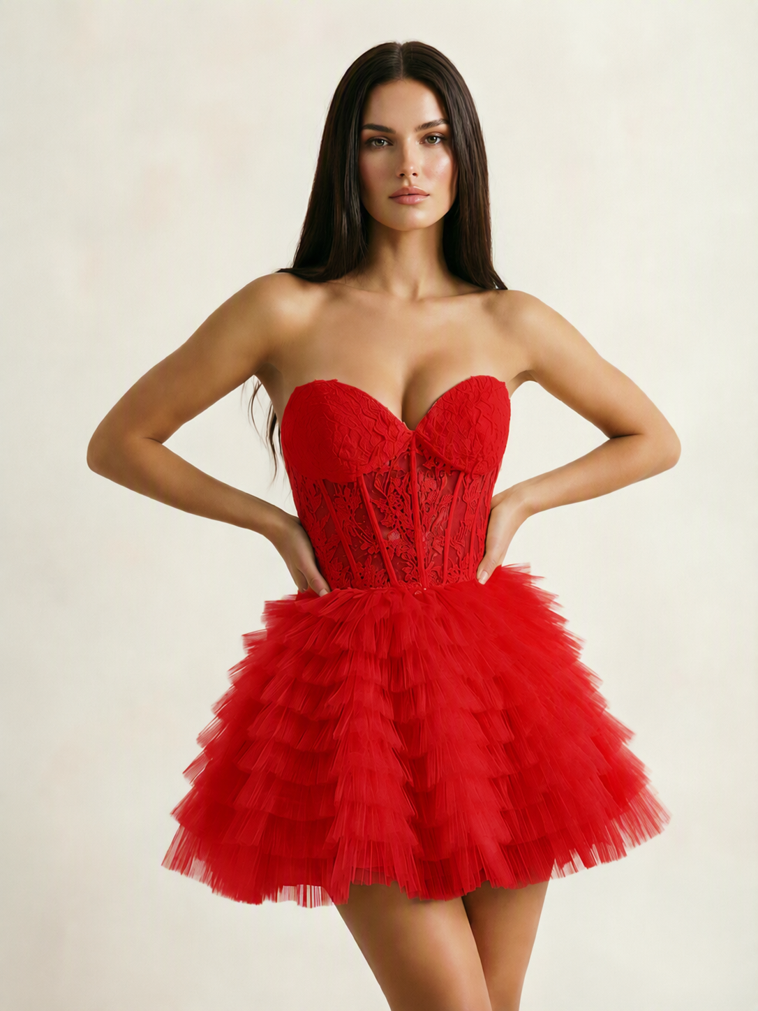 Strapless Lace Corset Tiered Tulle Mini Dress