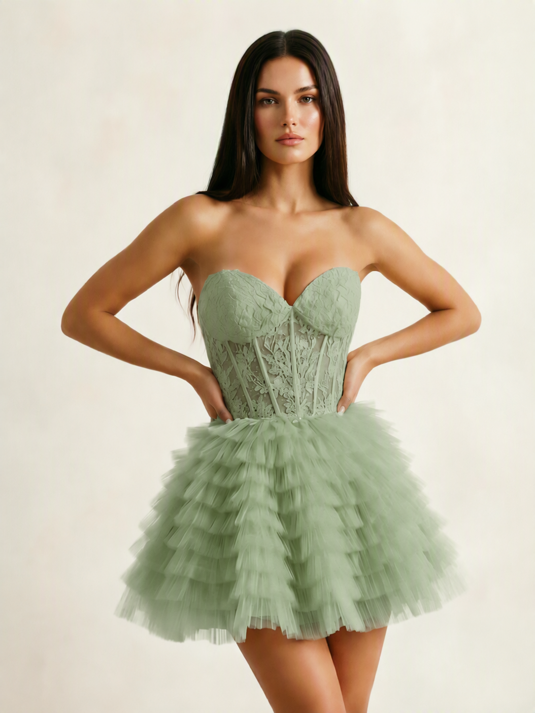 Strapless Lace Corset Tiered Tulle Mini Dress