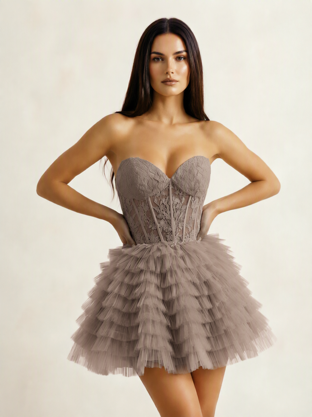 Strapless Lace Corset Tiered Tulle Mini Dress