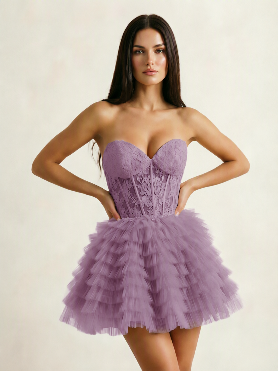 Strapless Lace Corset Tiered Tulle Mini Dress