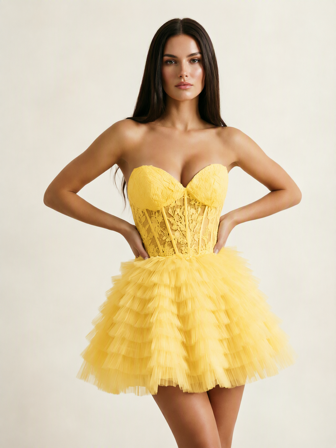 Strapless Lace Corset Tiered Tulle Mini Dress